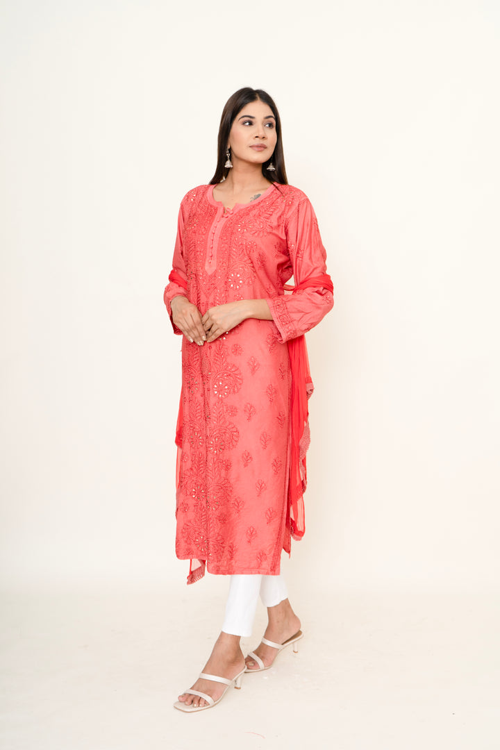 Red chikankari kurta set