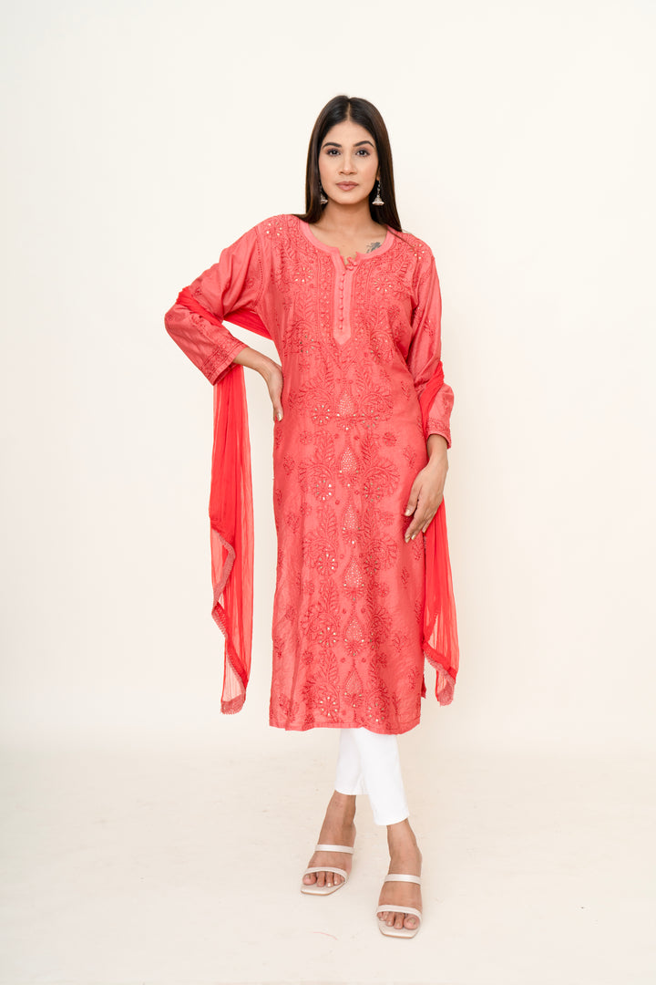 Red chikankari kurta set