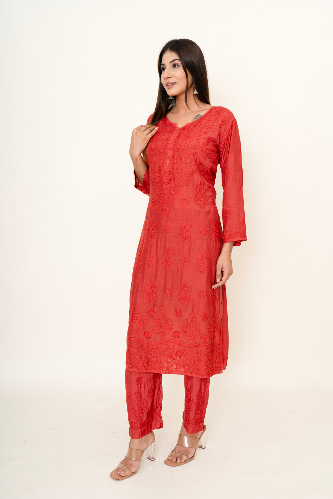 Red chikankari co-ord set