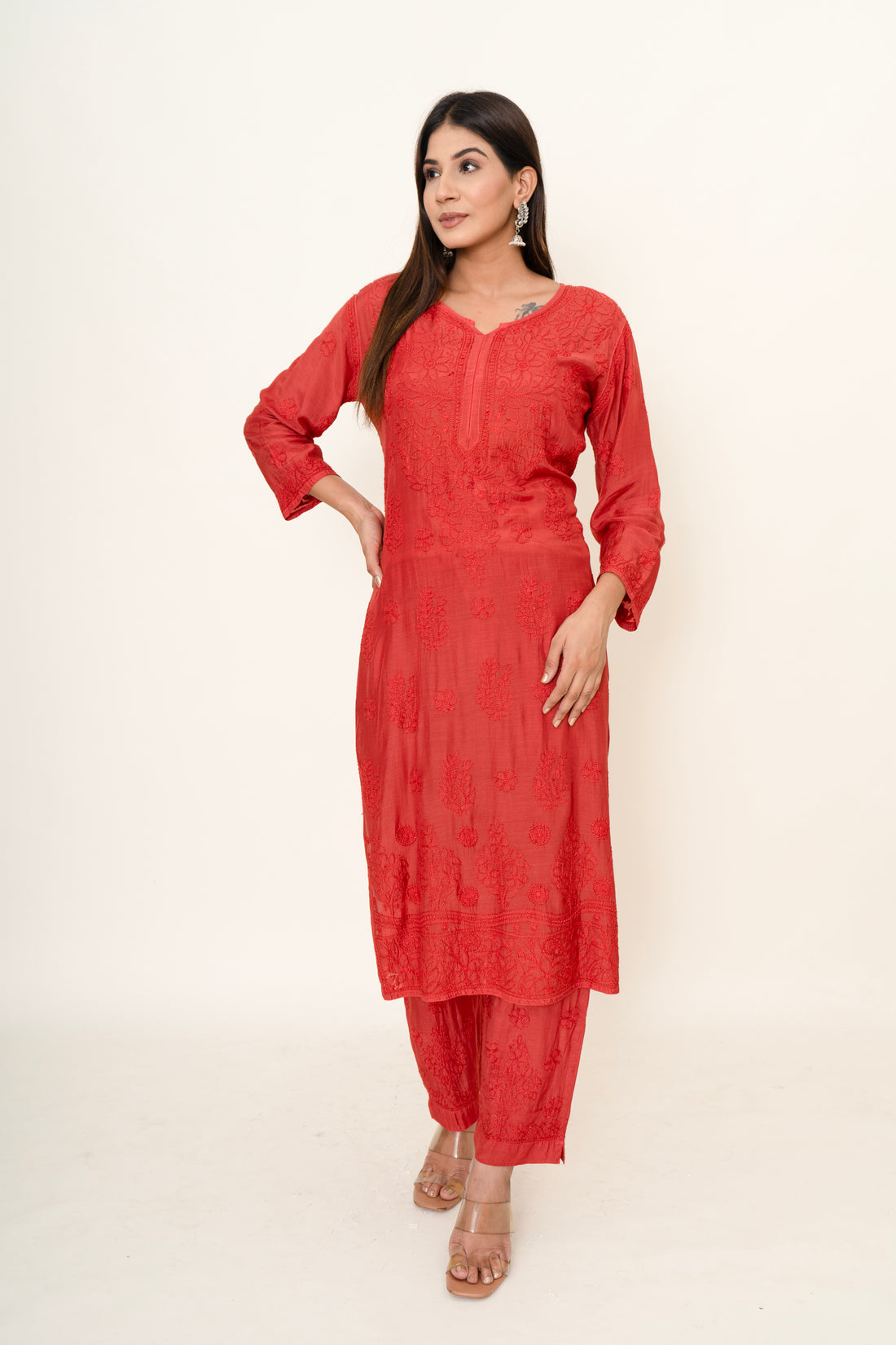 Red chikankari co-ord set