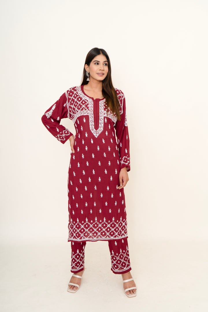 Maroon chikankari co-ord set