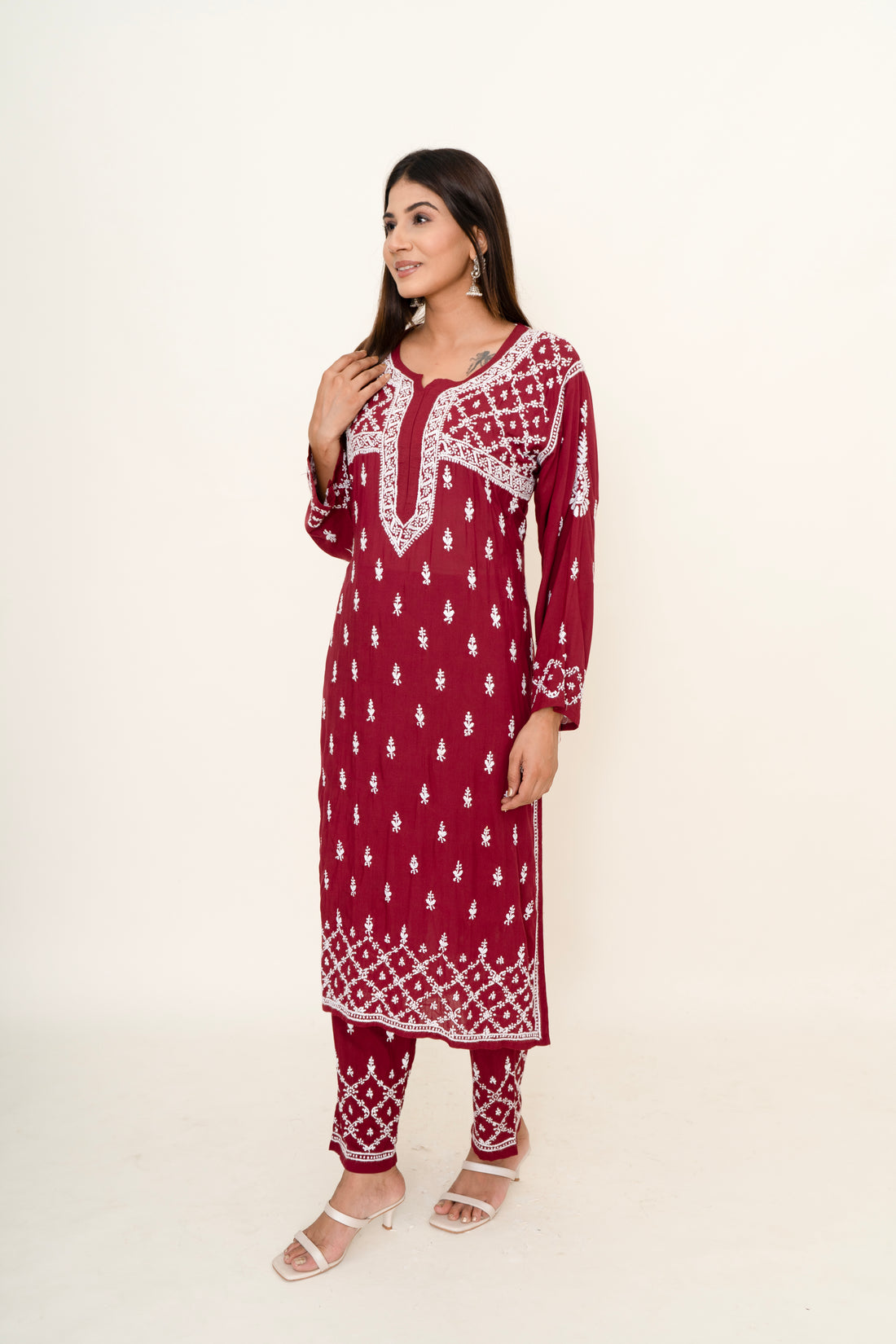 Maroon chikankari co-ord set