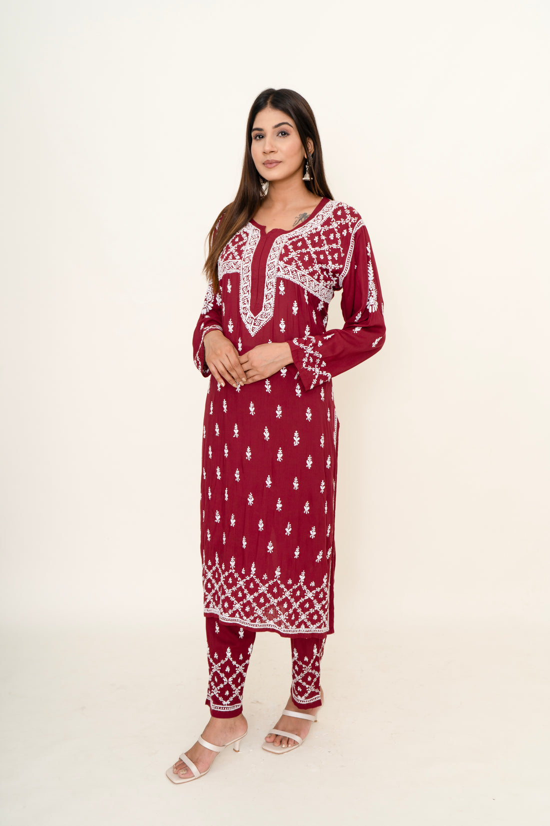 Maroon chikankari co-ord set