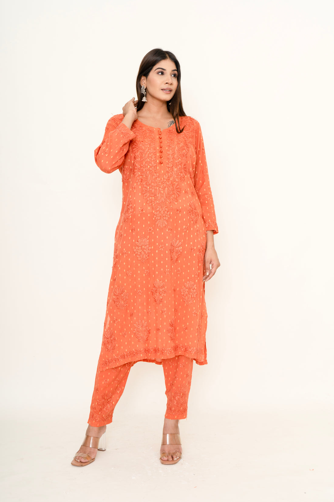 Orange chikankari co-ord set