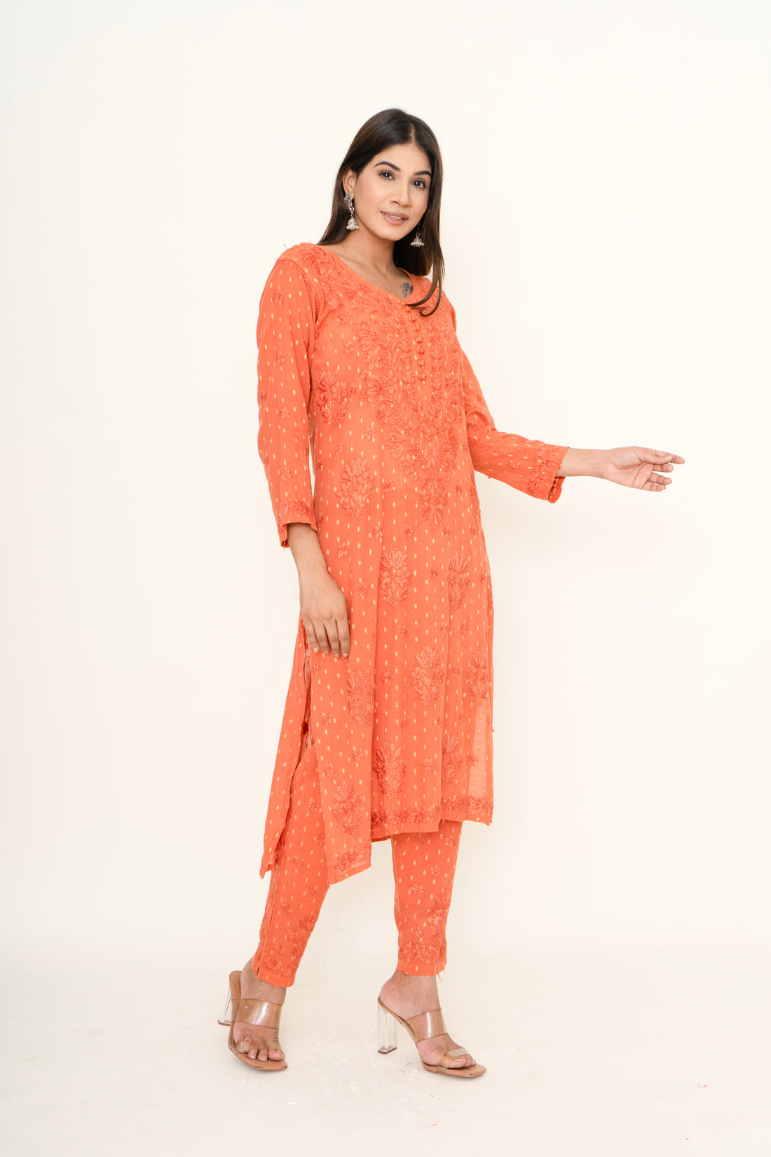 Orange chikankari co-ord set