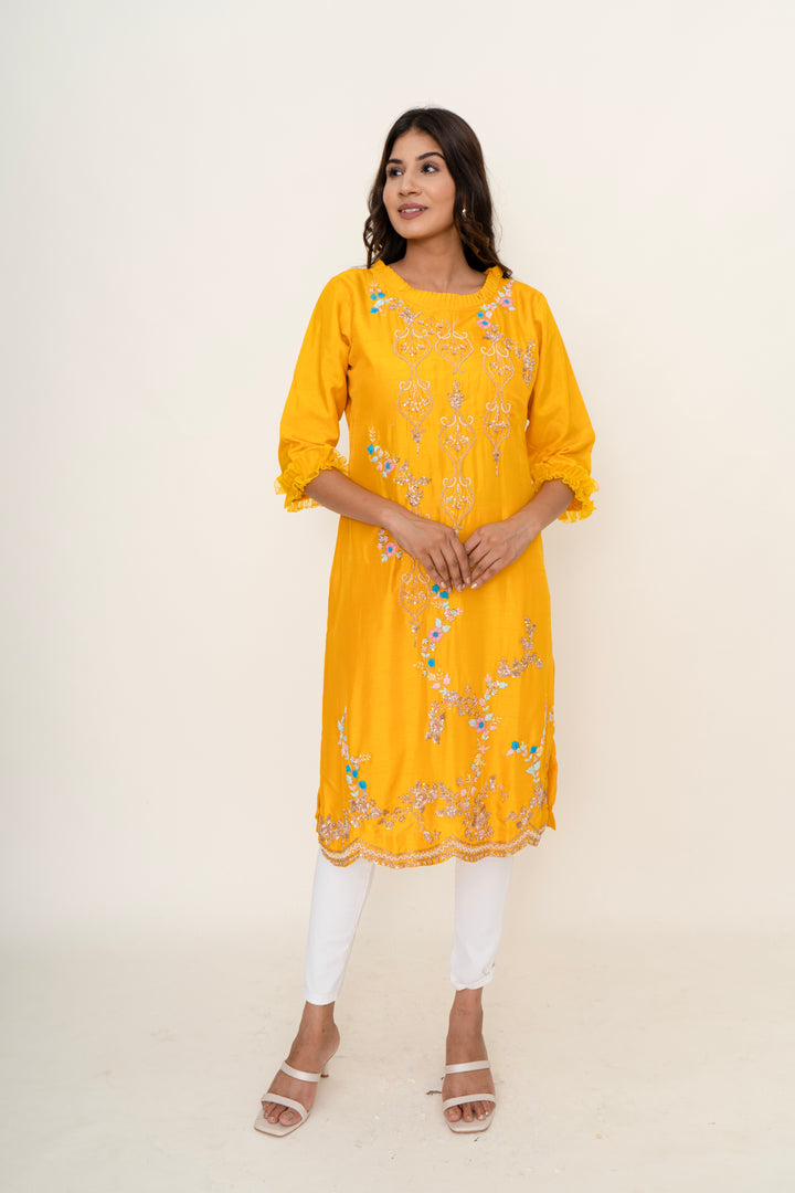 Yellow cotton silk kurta