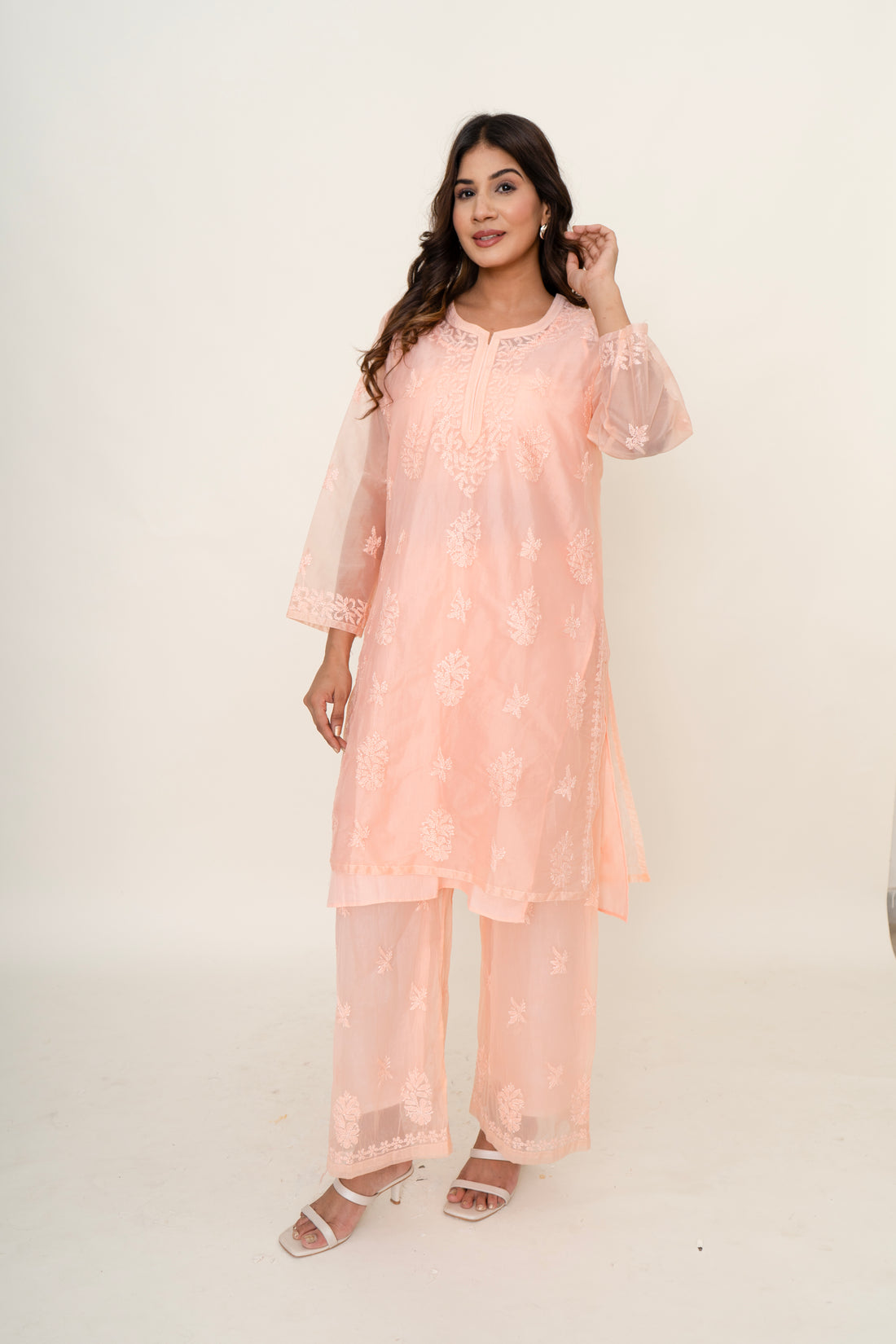 Peach chikankari co-ord set