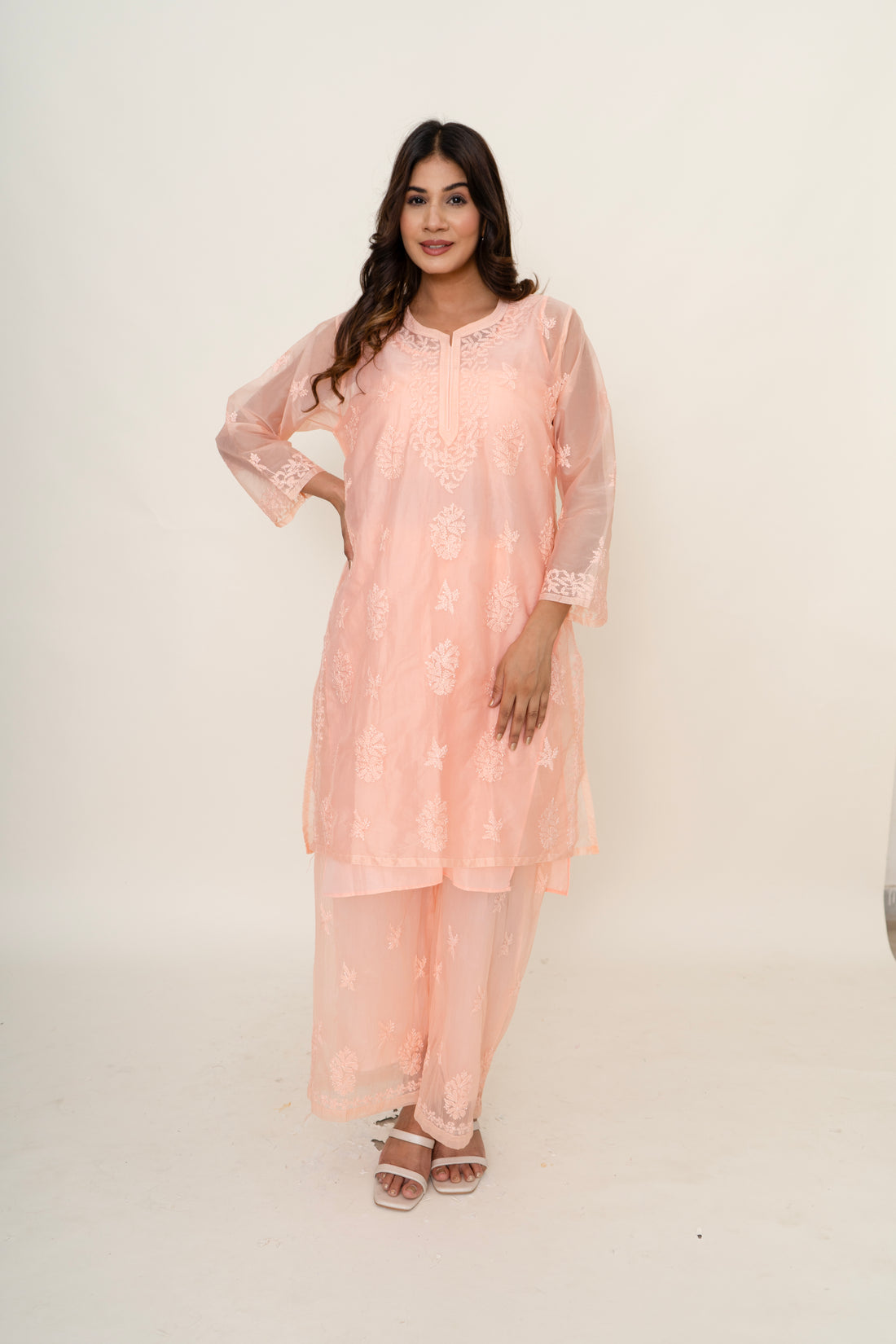 Peach chikankari co-ord set