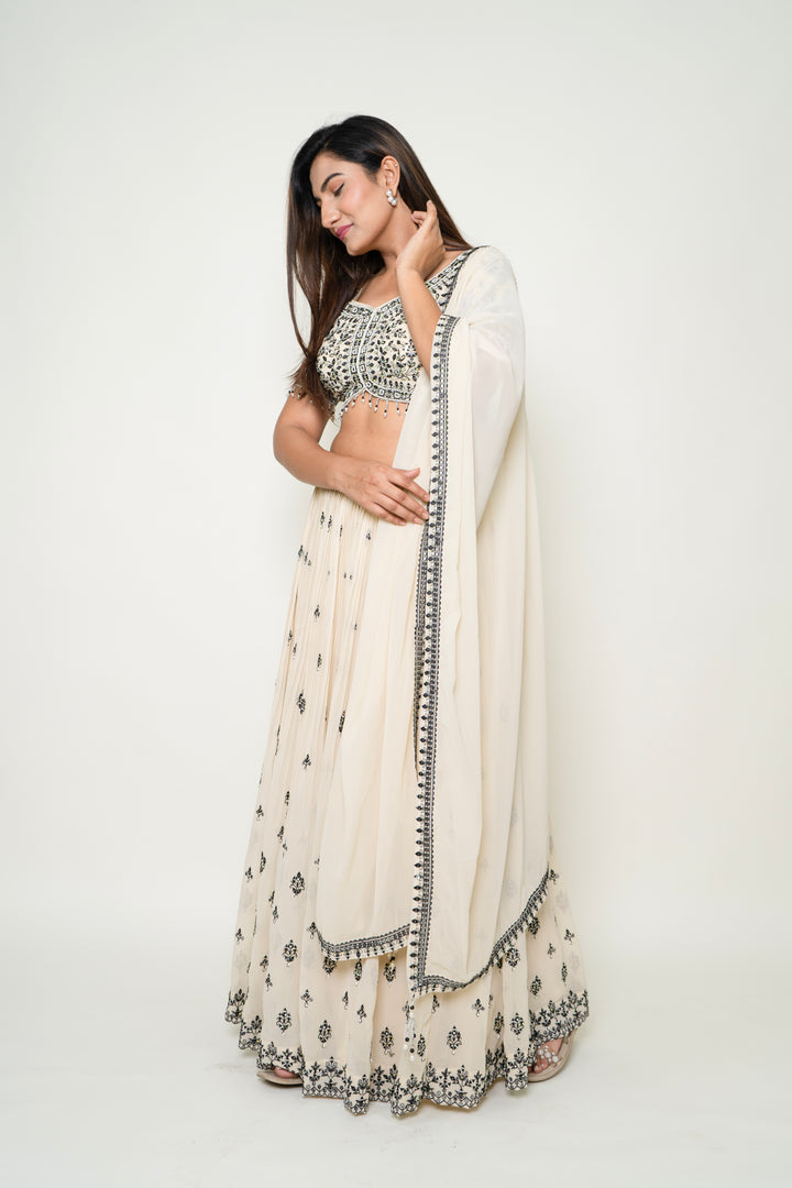 Cream Pearl Embroidery Lehenga