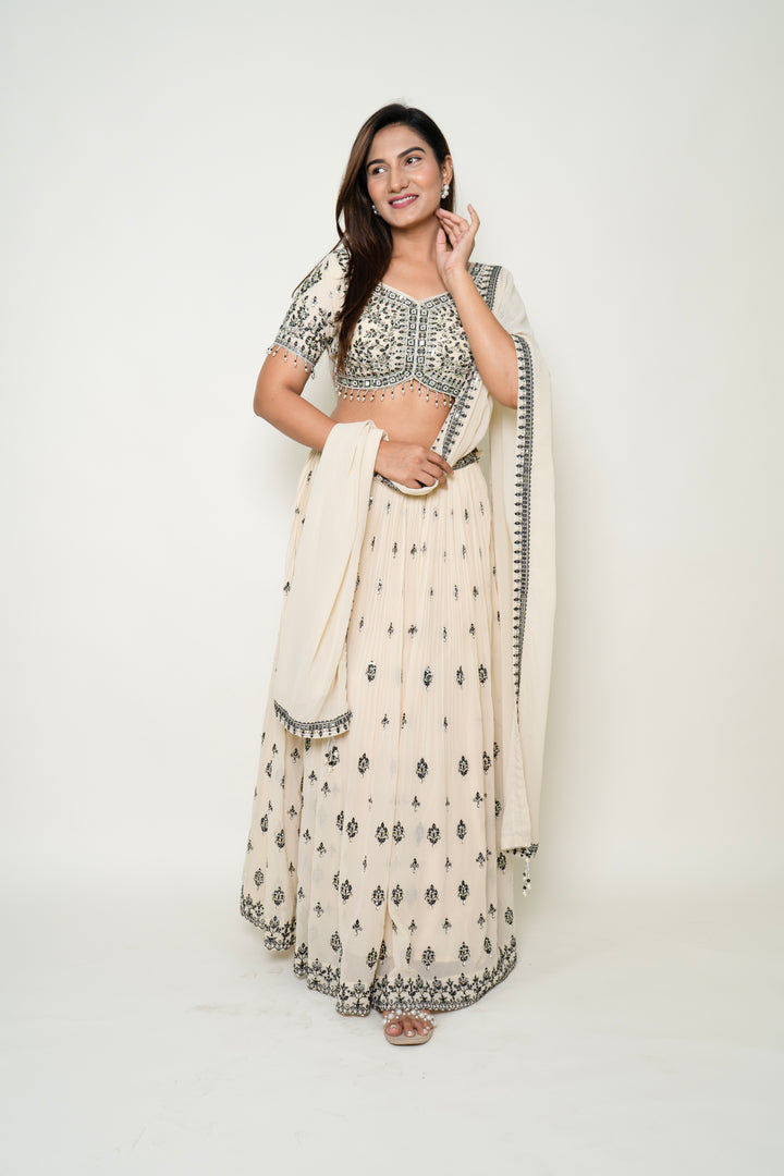 Cream Pearl Embroidery Lehenga