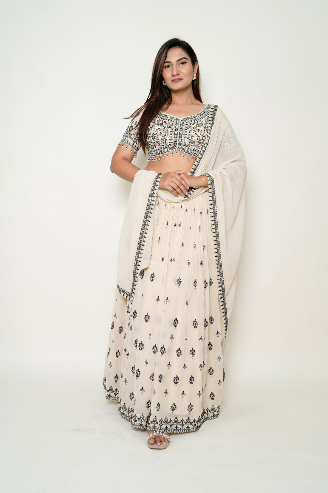 Cream Pearl Embroidery Lehenga