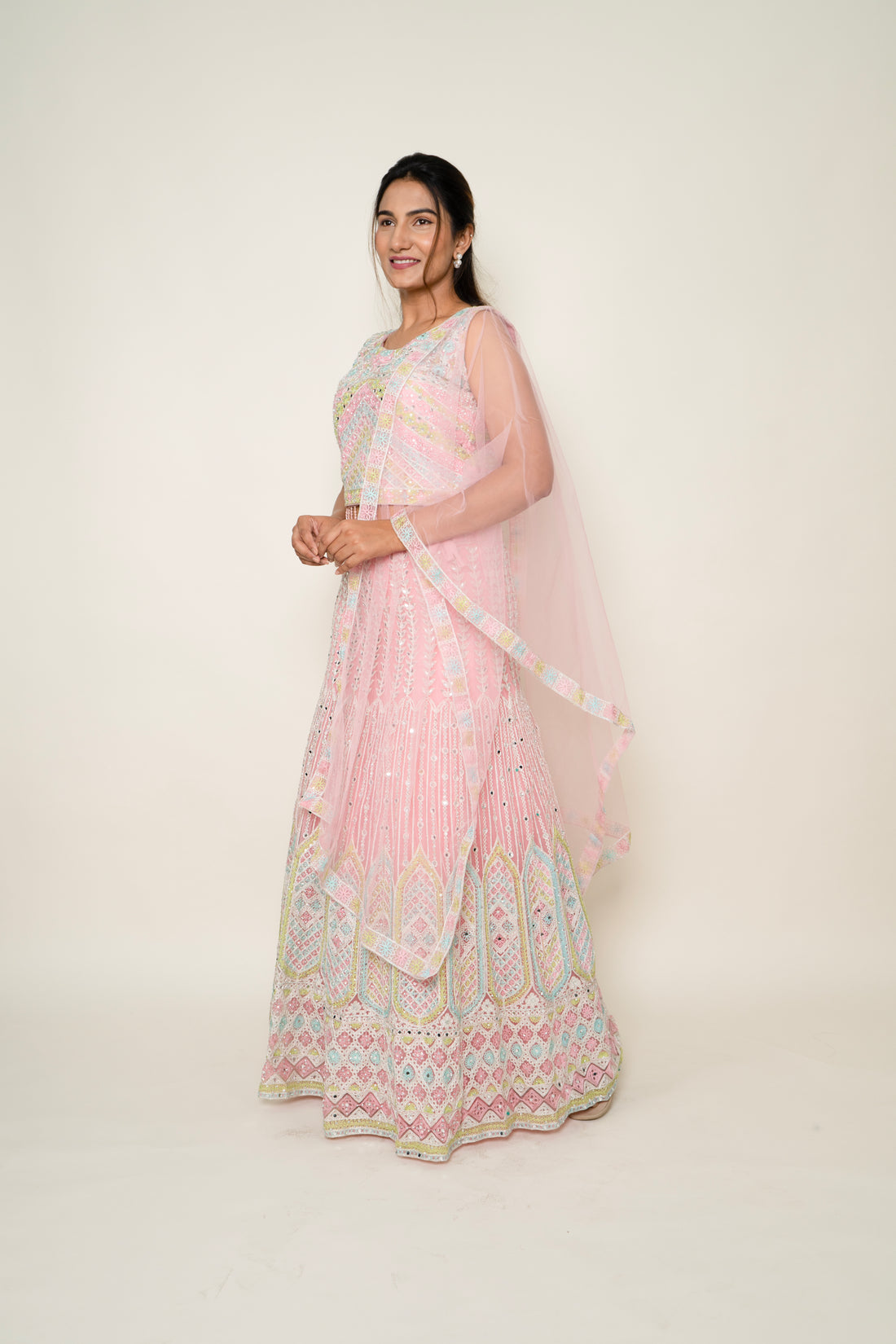 Pink Net Multicolor Lehenga