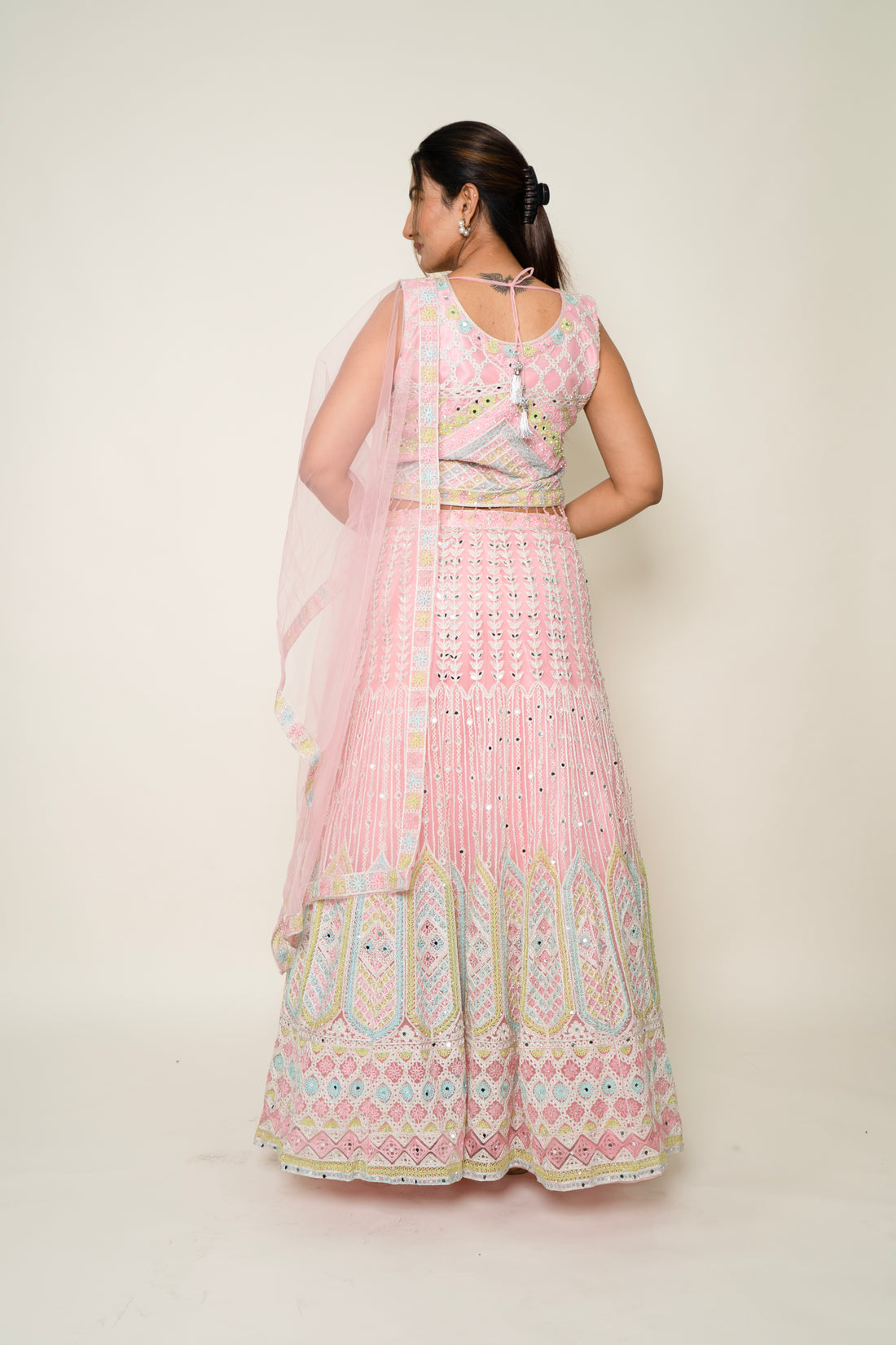 Pink Net Multicolor Lehenga