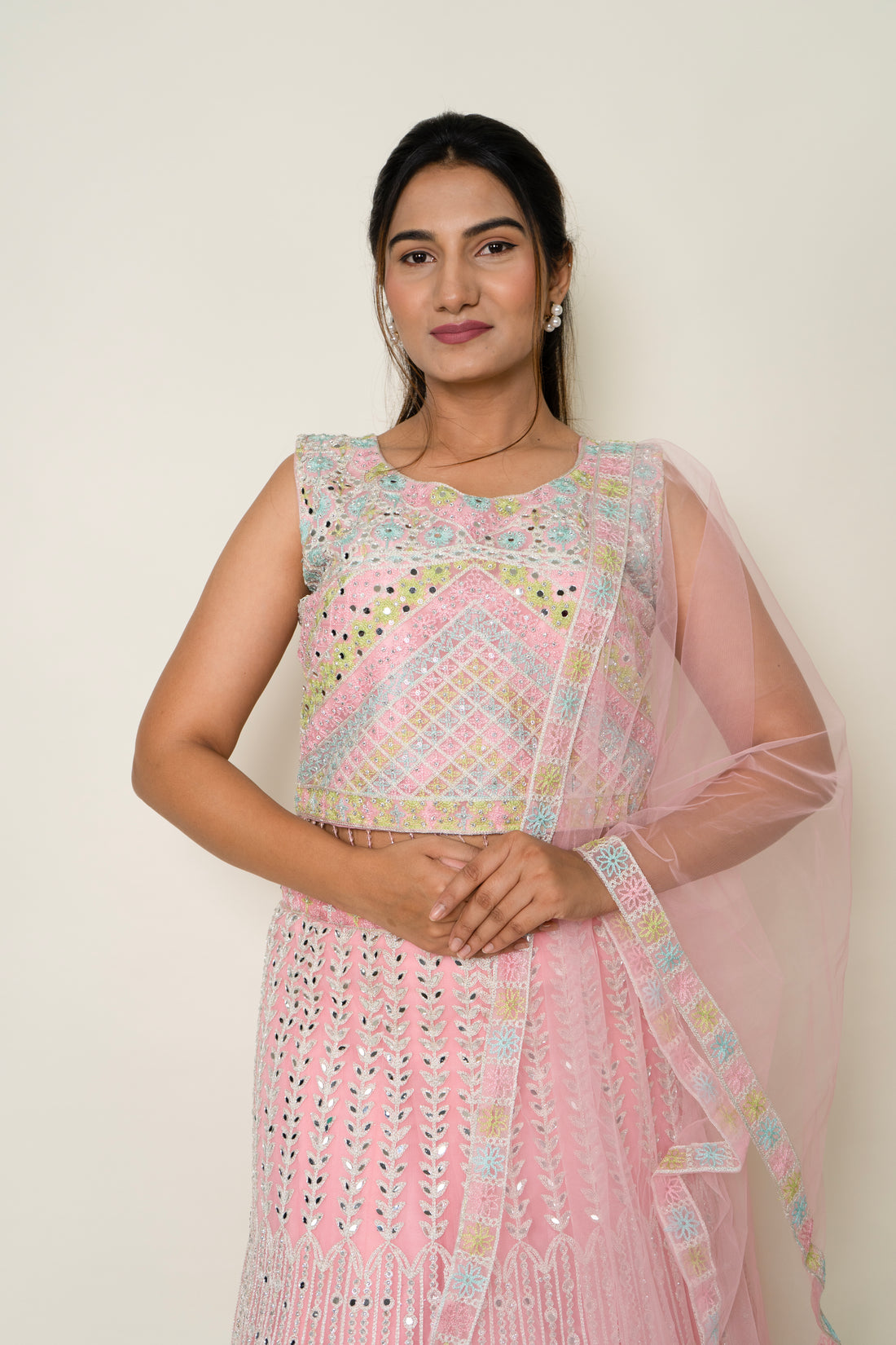 Pink Net Multicolor Lehenga