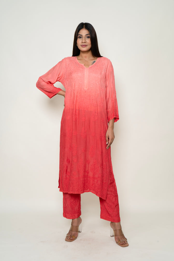 Ombre red chikankari co-ord set