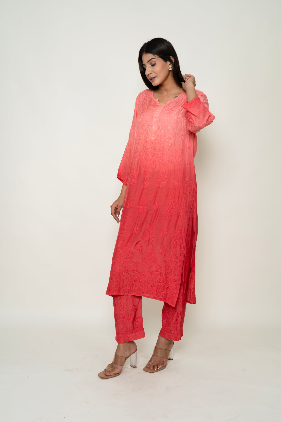 Ombre red chikankari co-ord set