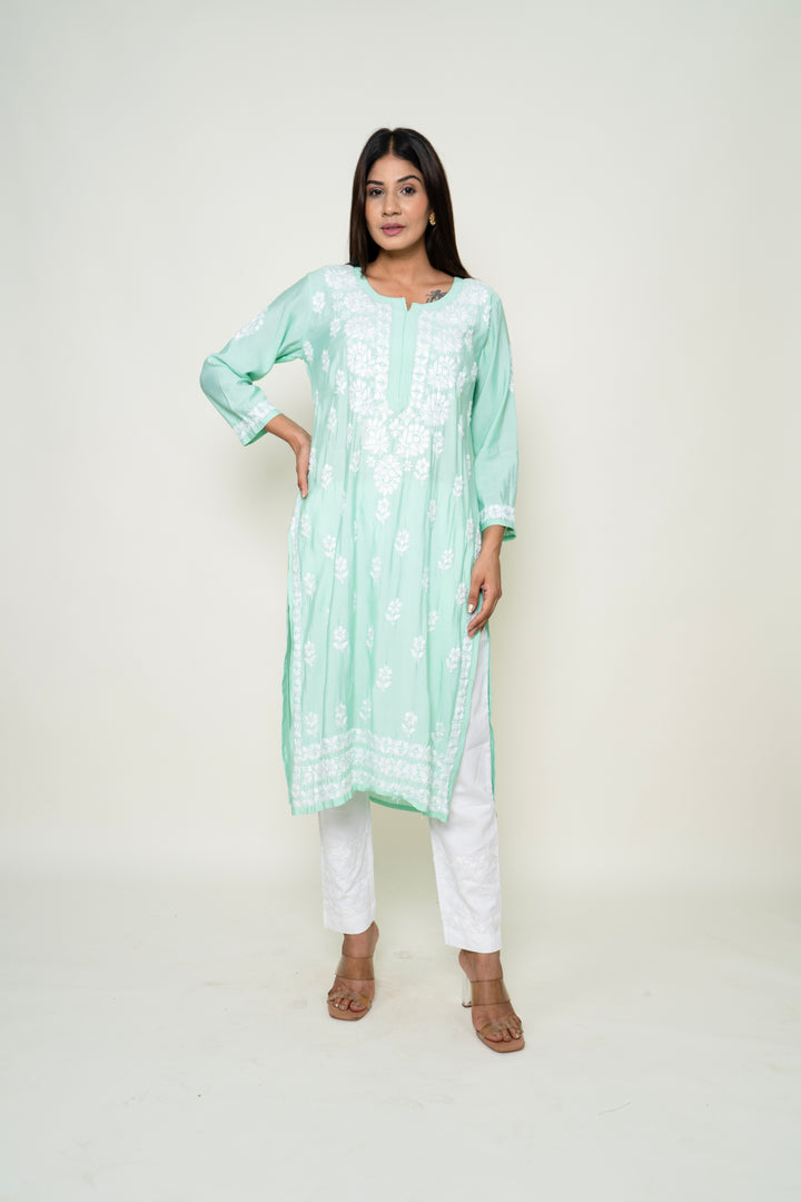 teel green chikankari kurta