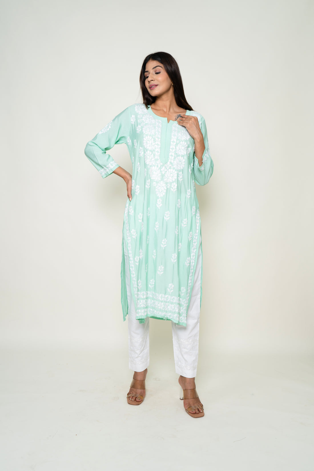 teel green chikankari kurta