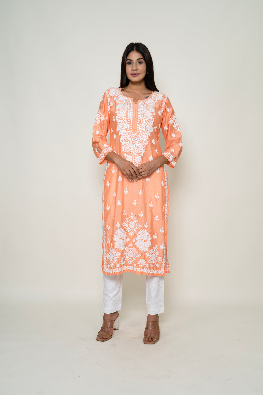 peach mukesh work kurta