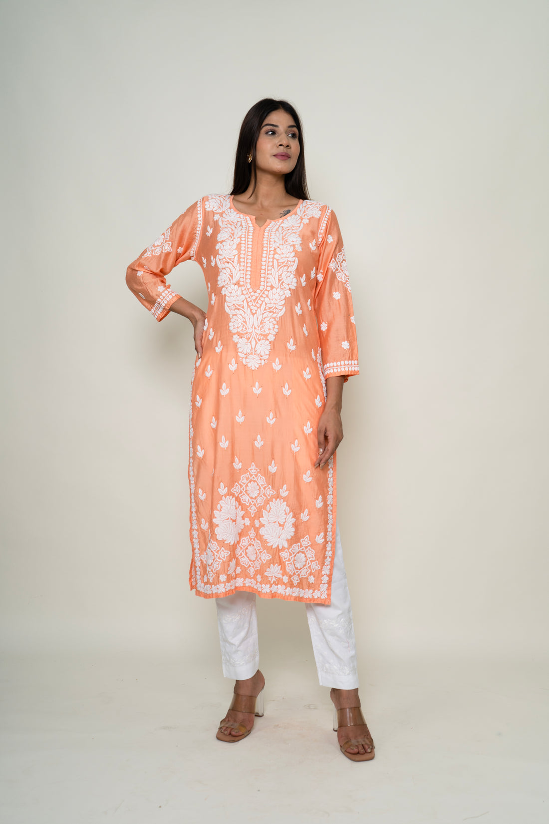 peach mukesh work kurta