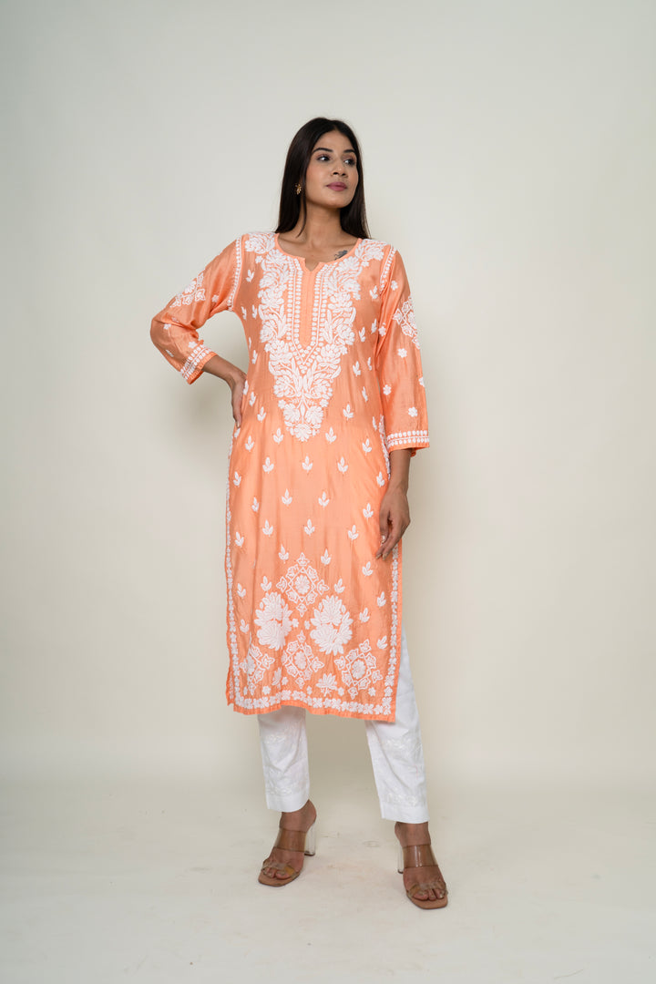 peach mukesh work kurta