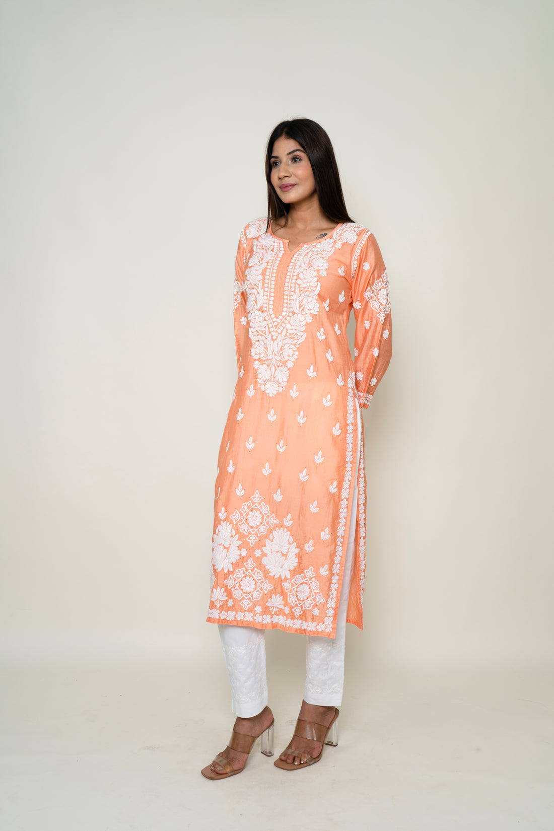 peach mukesh work kurta