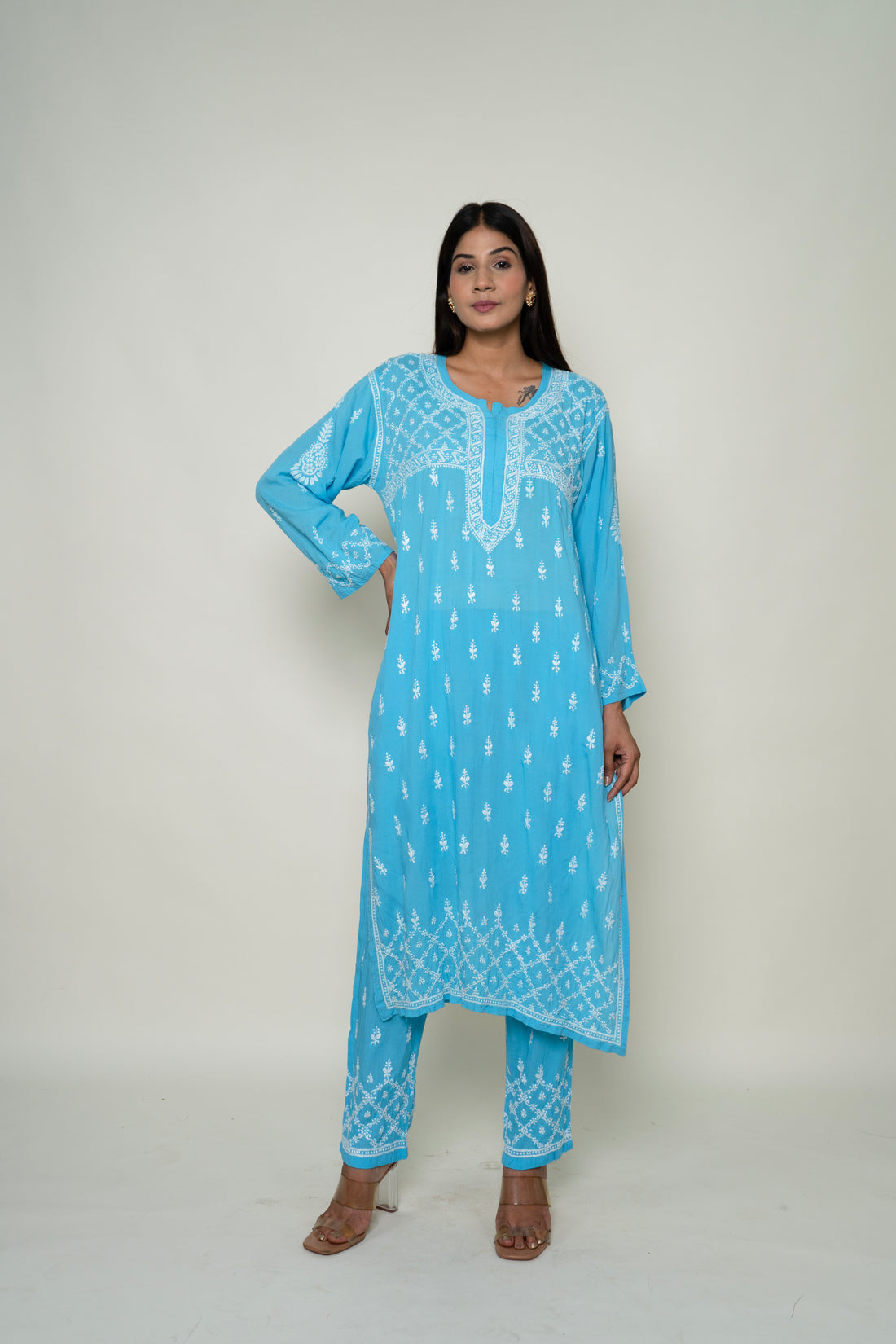 blue chikankari co-ord set