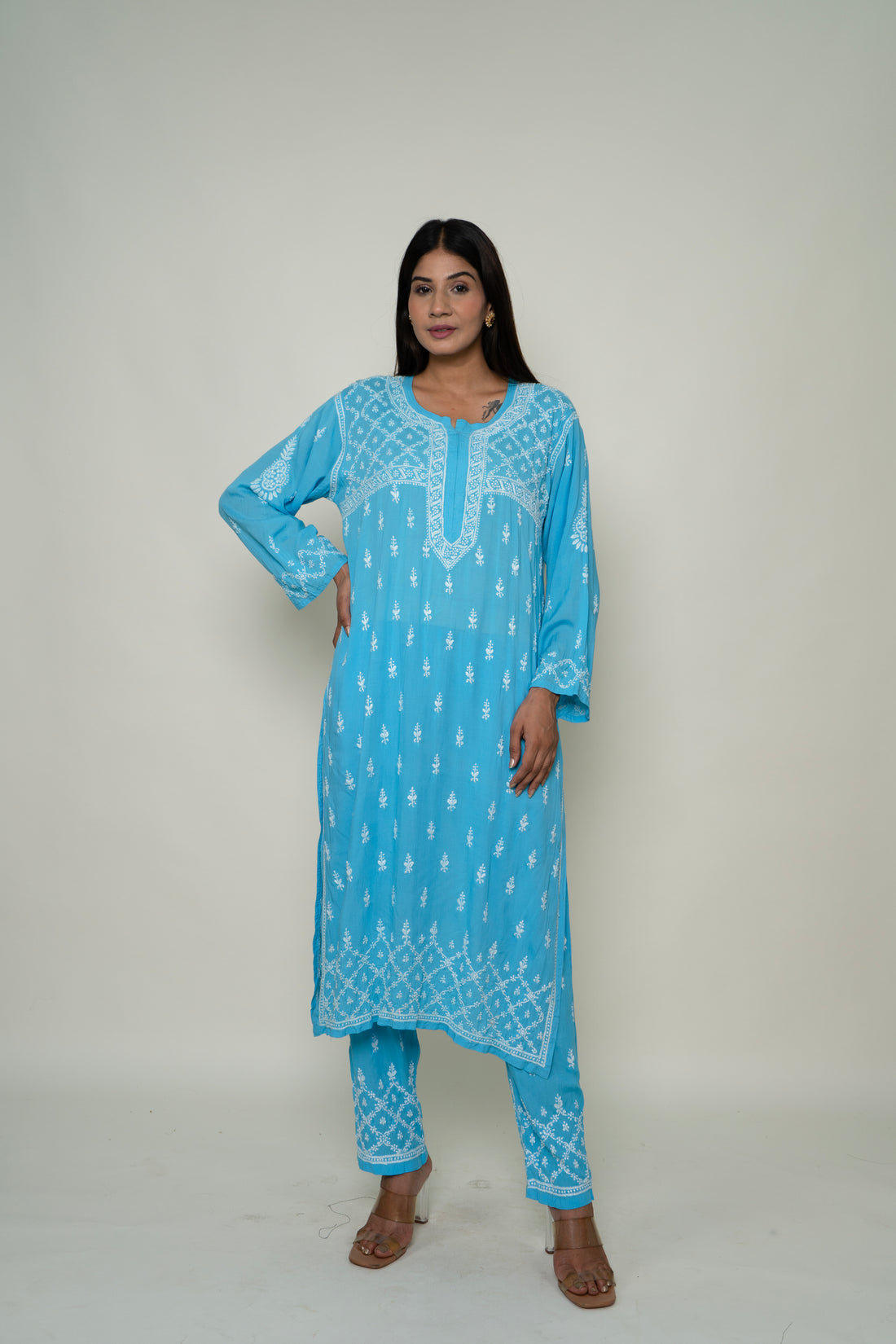 blue chikankari co-ord set