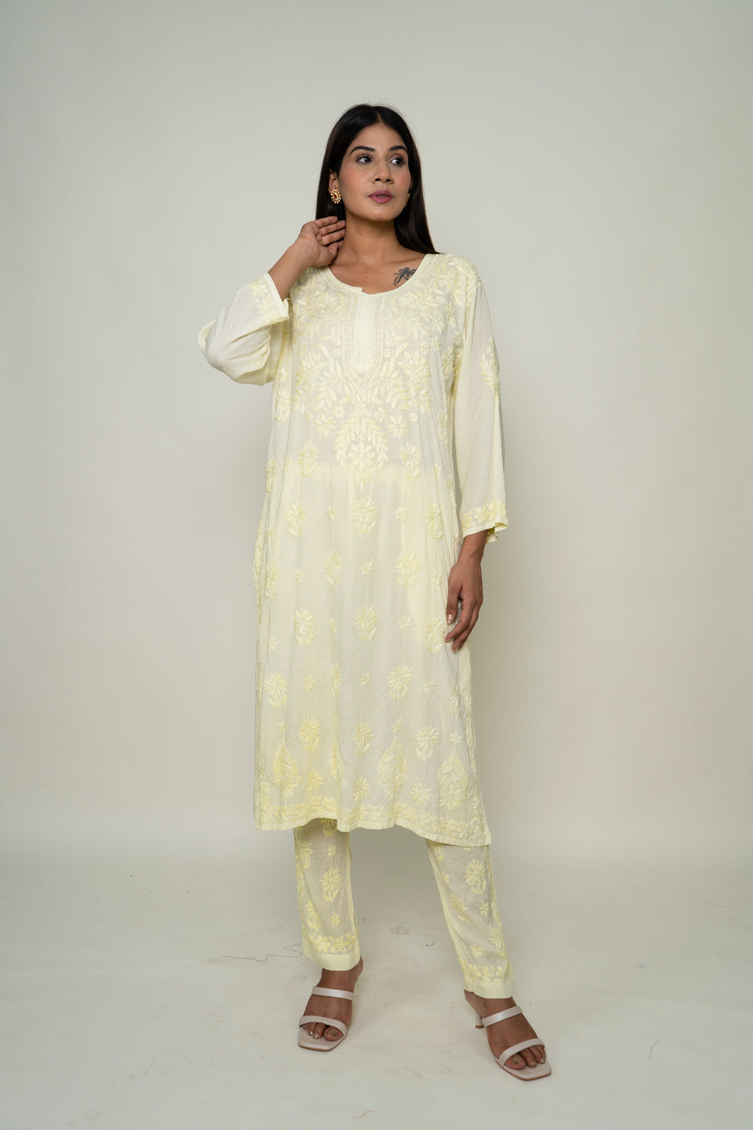 yellow chikankari co-ord set