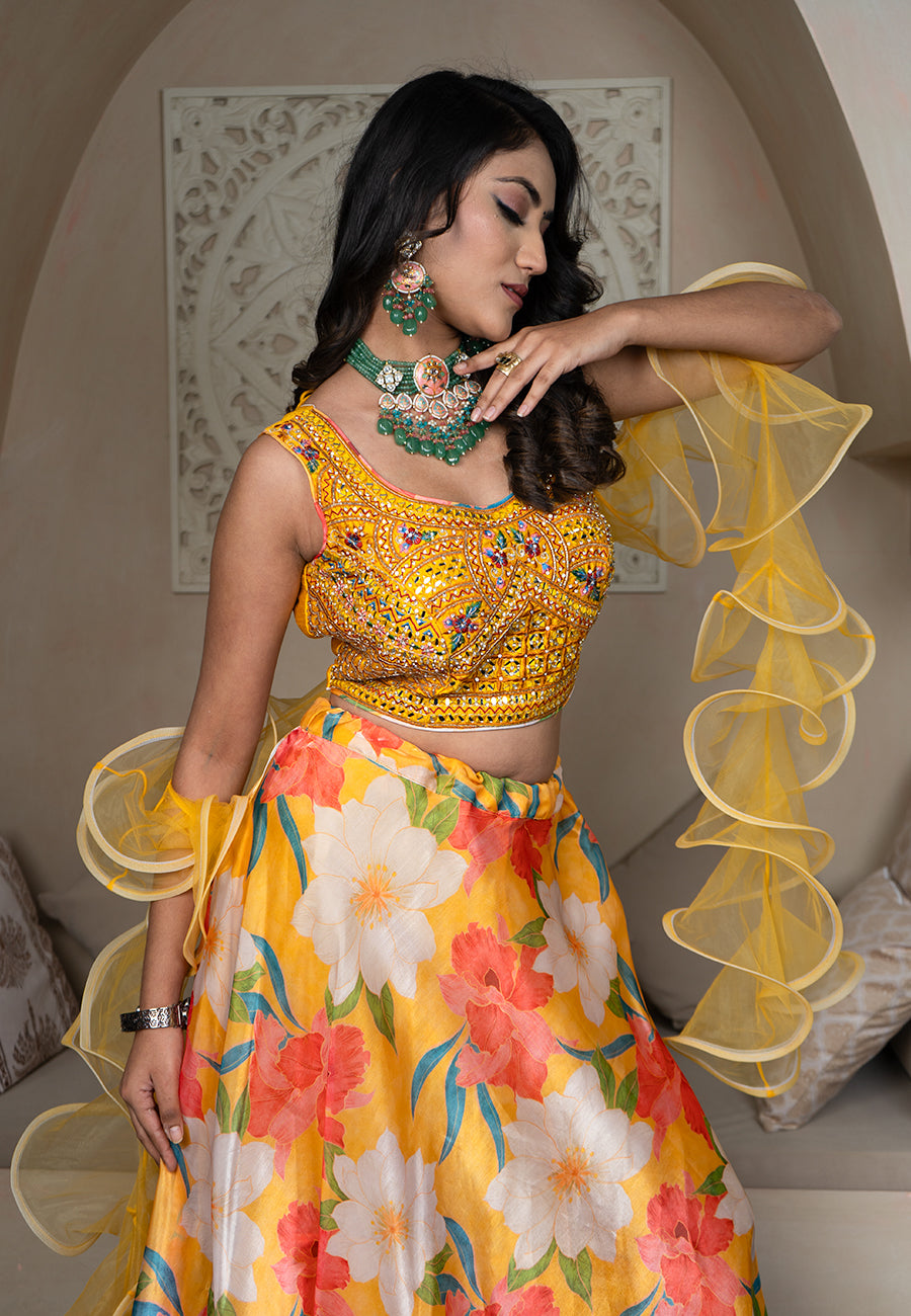 Yellow floral lehenga