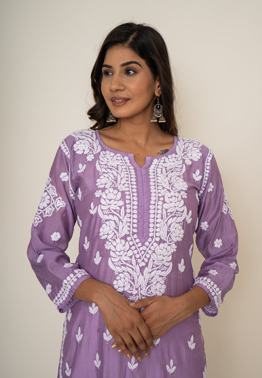 Purple mukesh work kurta