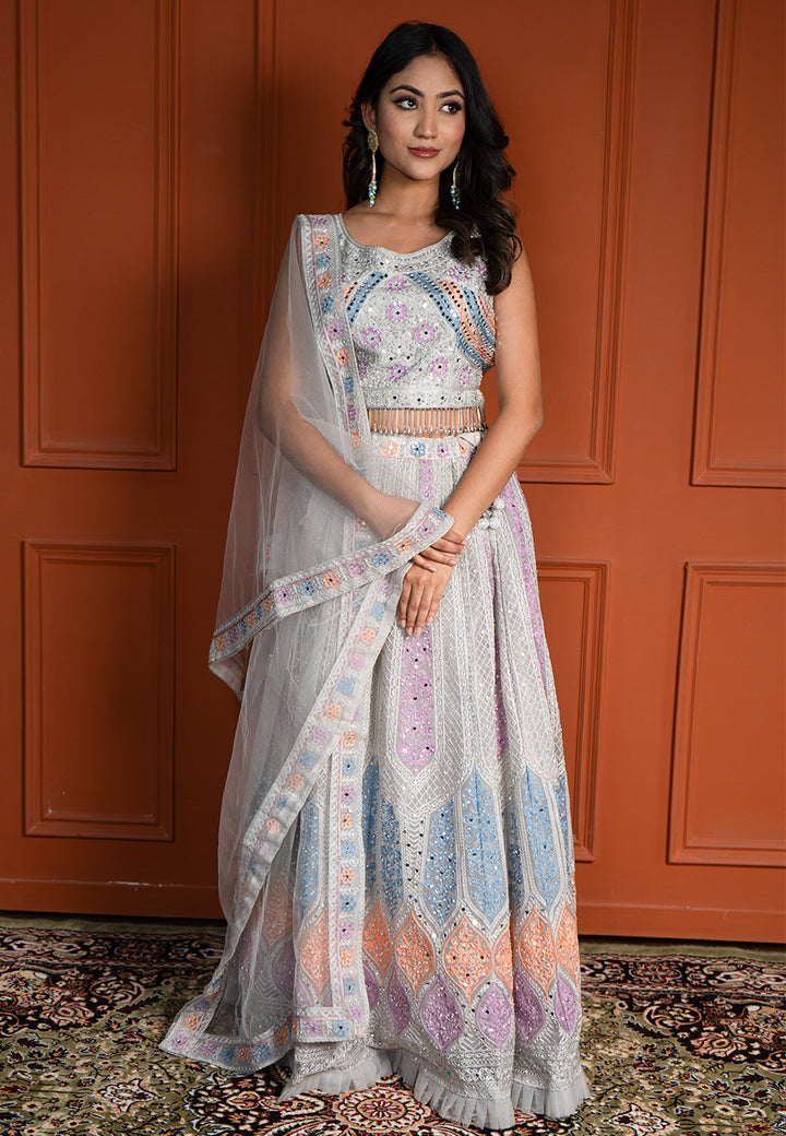 Grey multi coloured lehenga