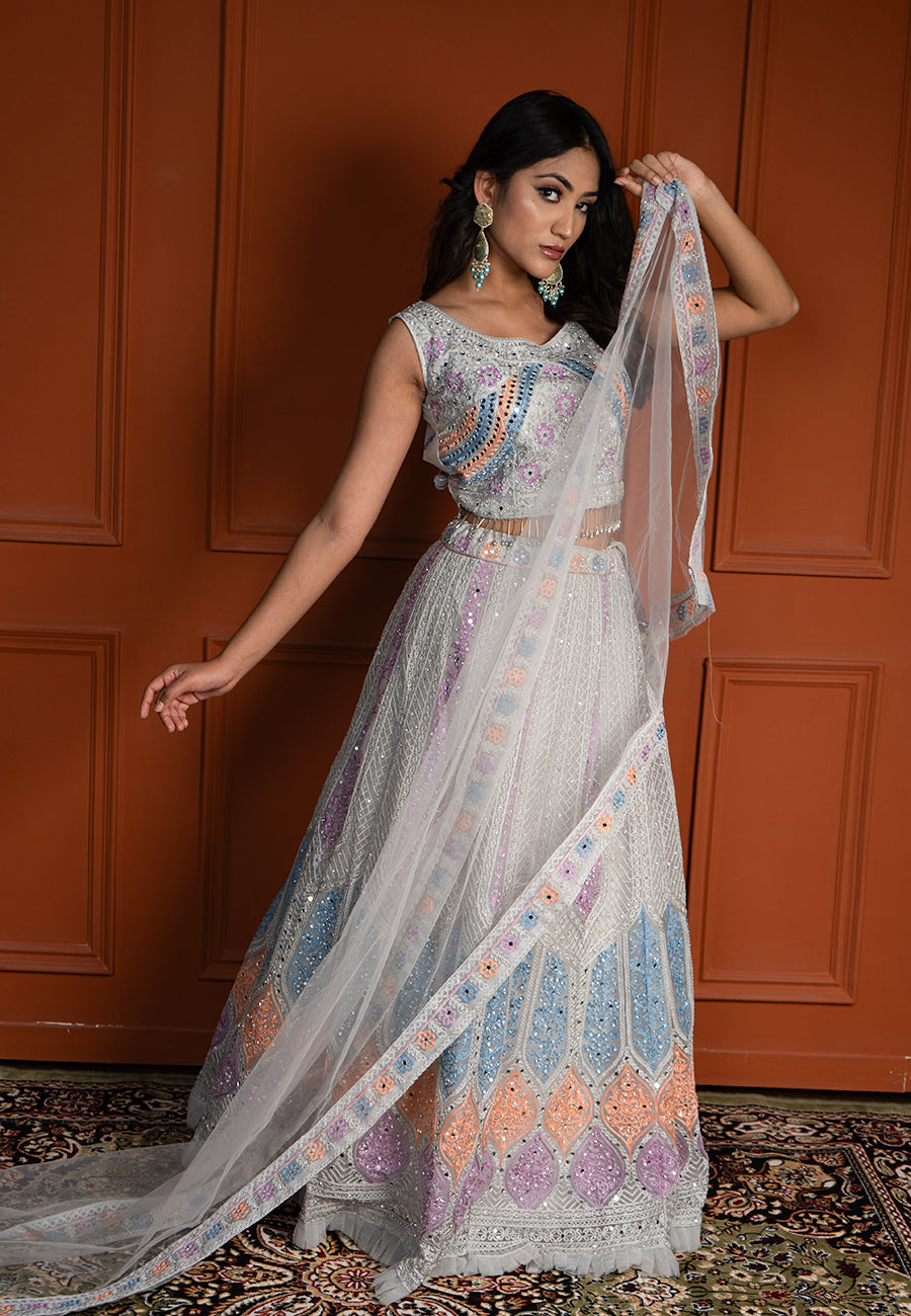 Grey multi coloured lehenga