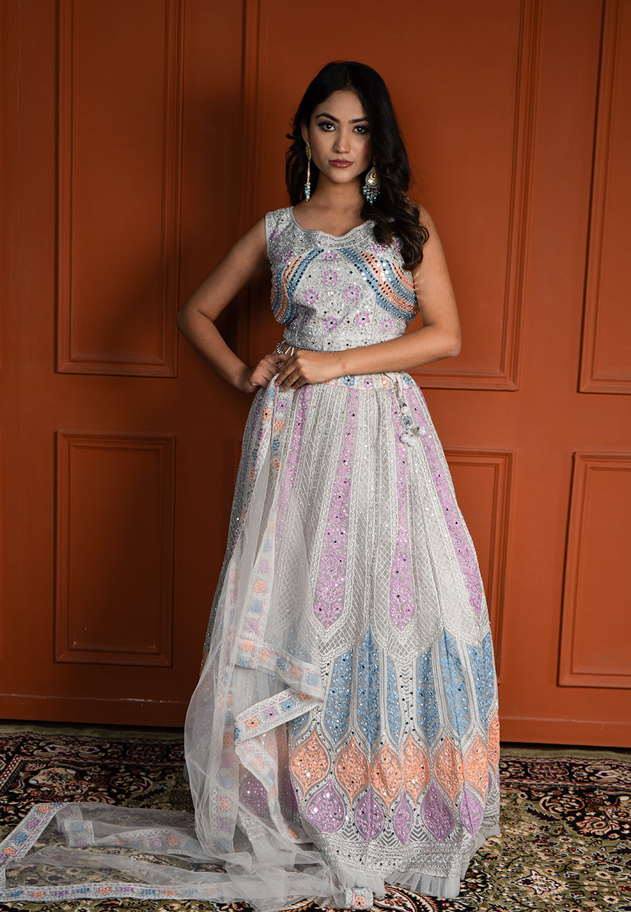 Grey multi coloured lehenga