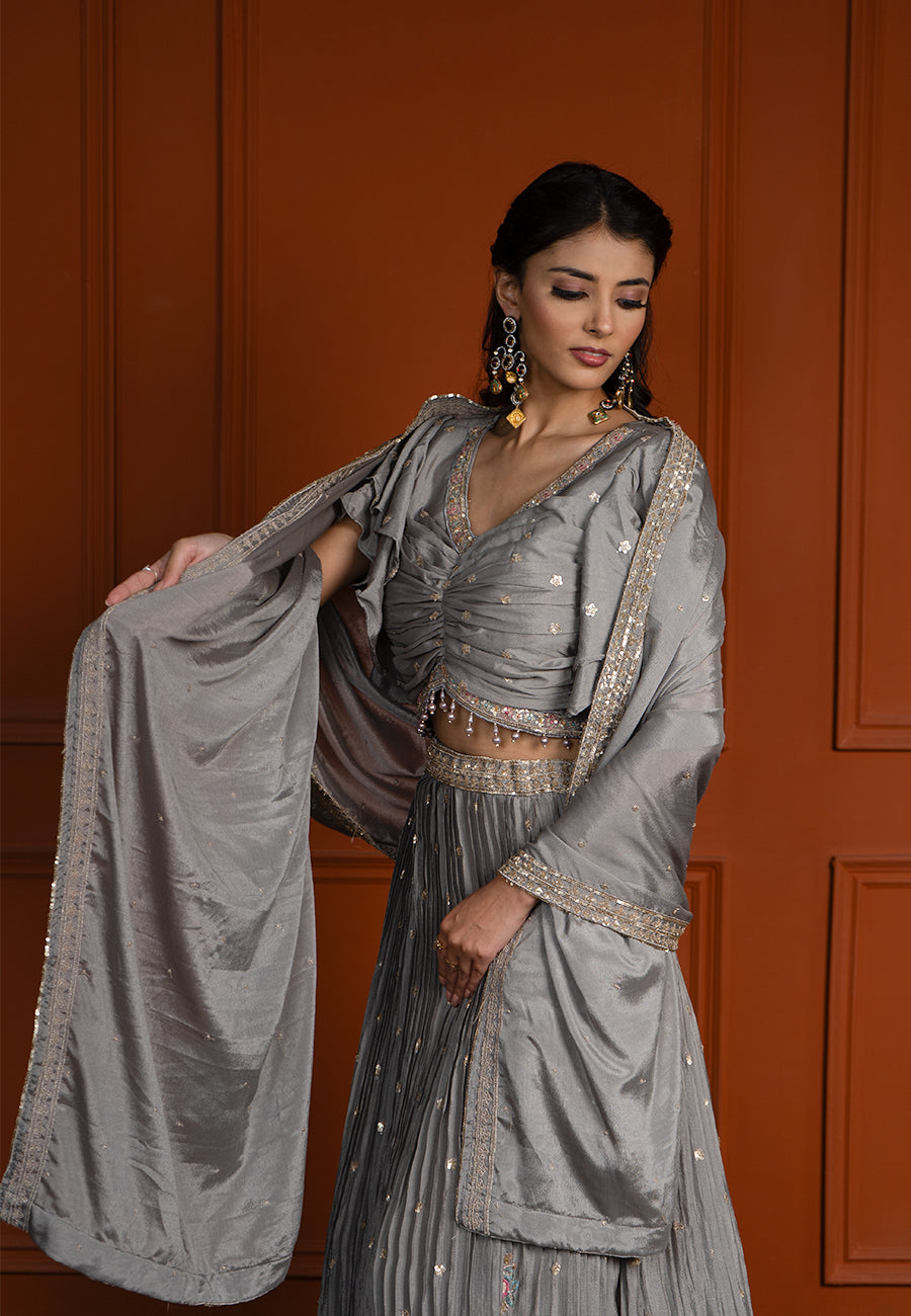 Grey crushed lehenga