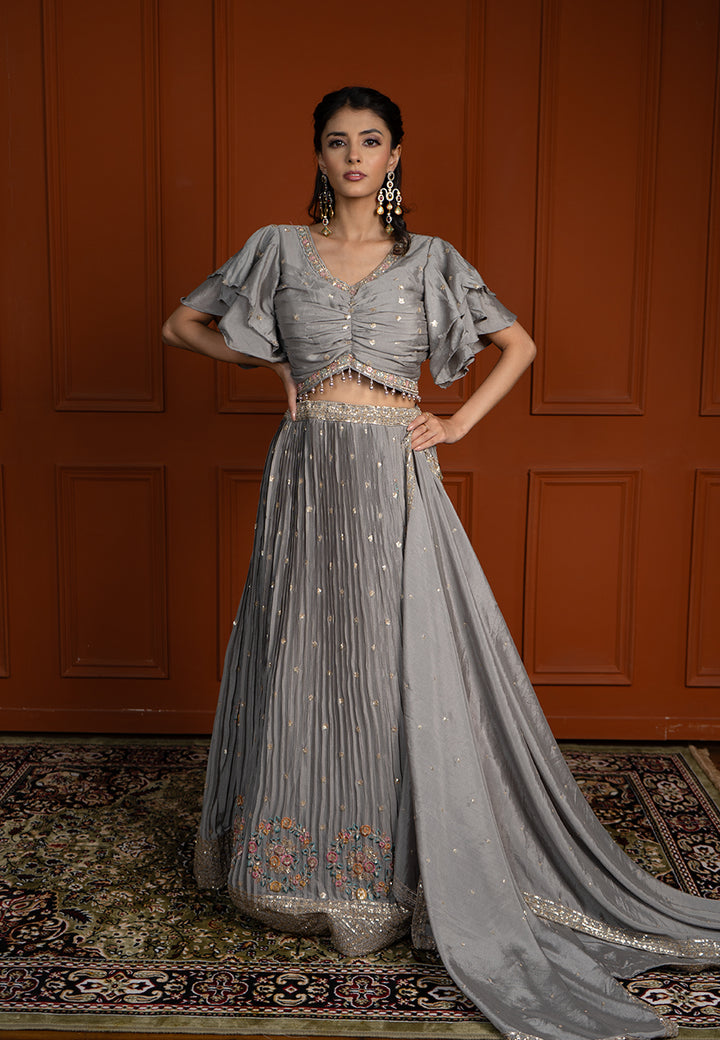 Grey crushed lehenga