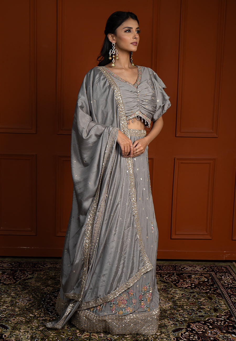 Grey crushed lehenga