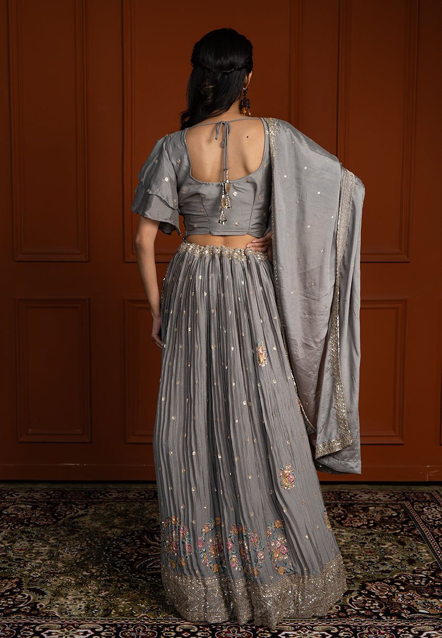 Grey crushed lehenga