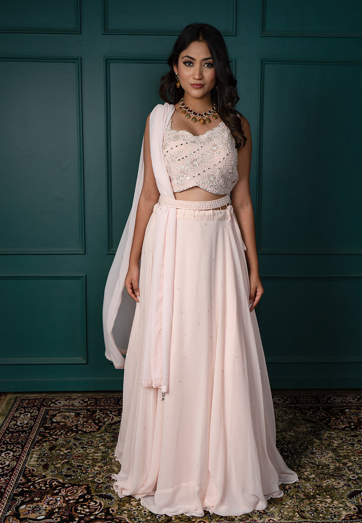 Peach net lehenga