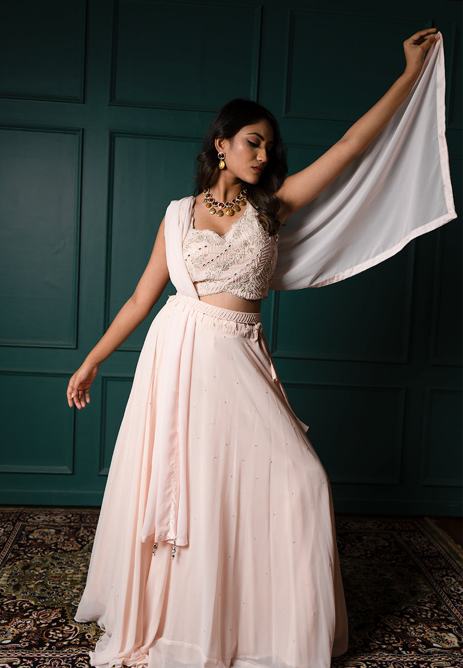 Peach net lehenga