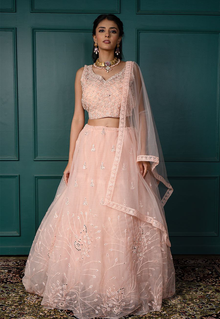 Peach pearl and sequin lehenga