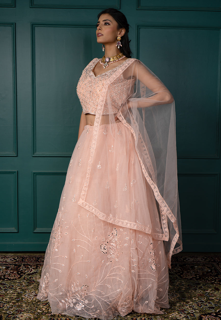 Peach pearl and sequin lehenga