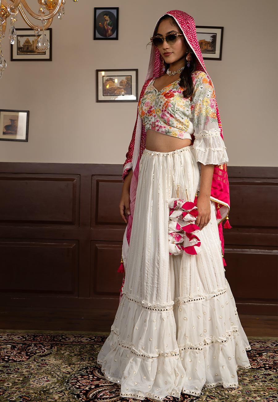 white thread embroidery lehenga