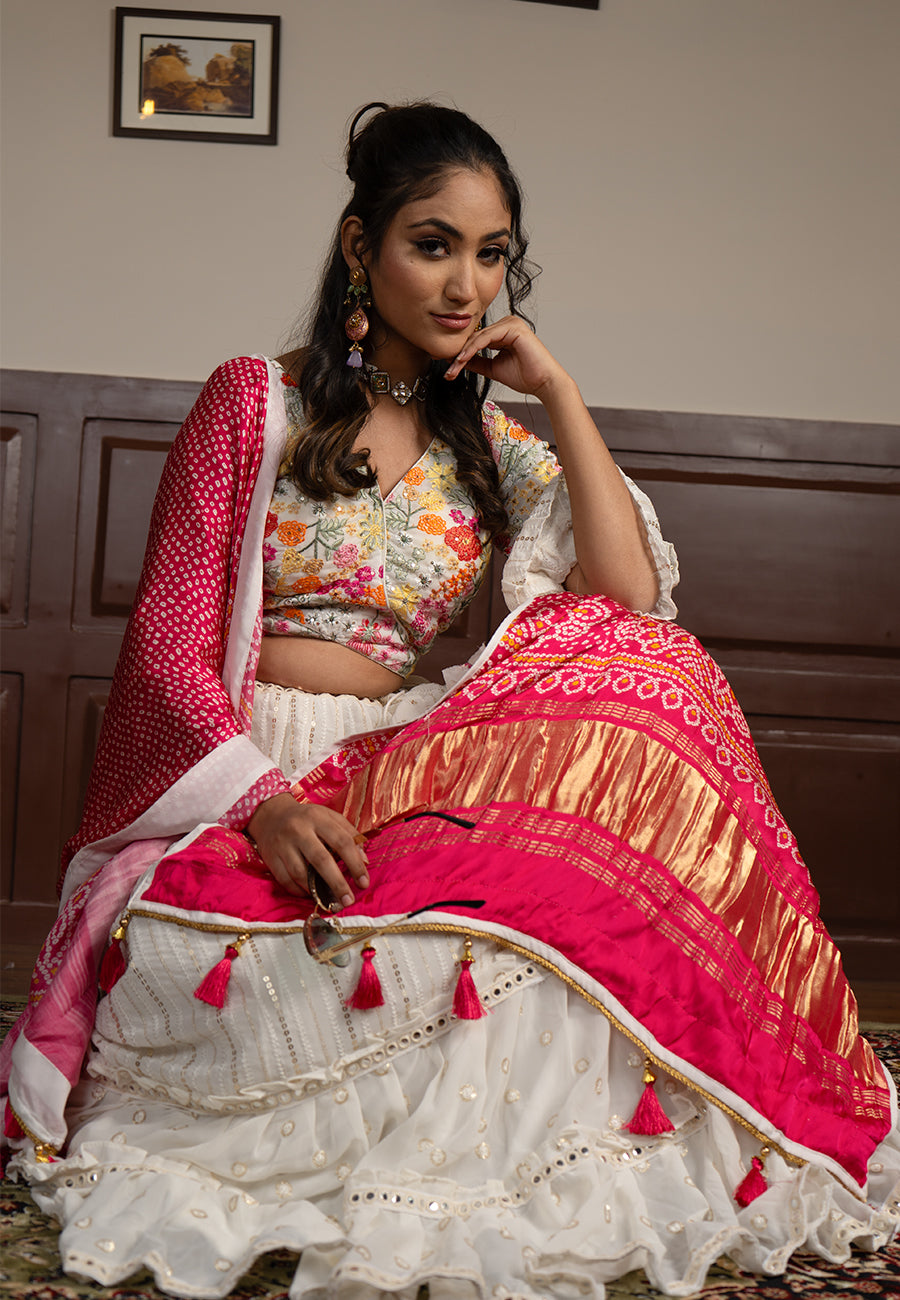 white thread embroidery lehenga