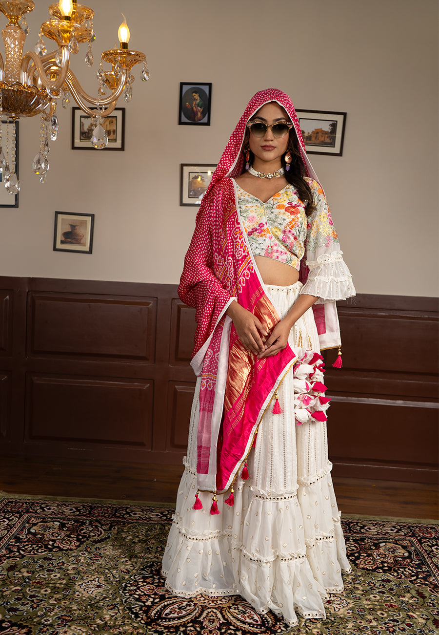 white thread embroidery lehenga