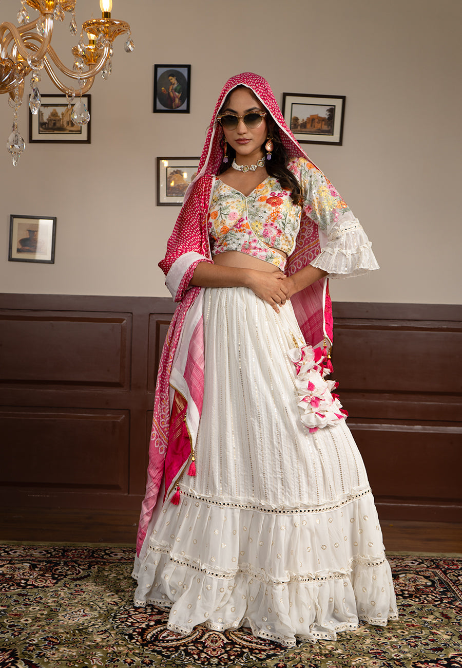 white thread embroidery lehenga