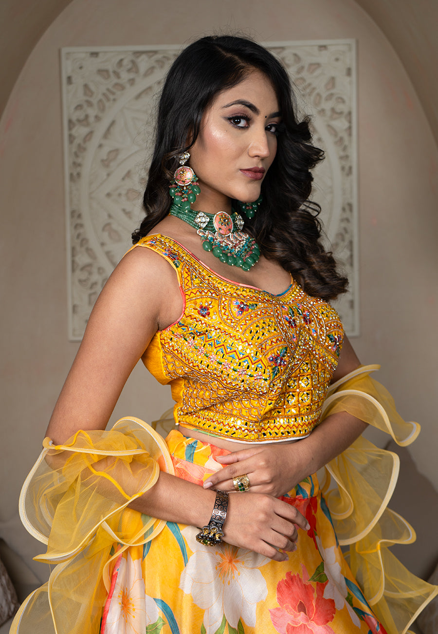 Yellow floral lehenga