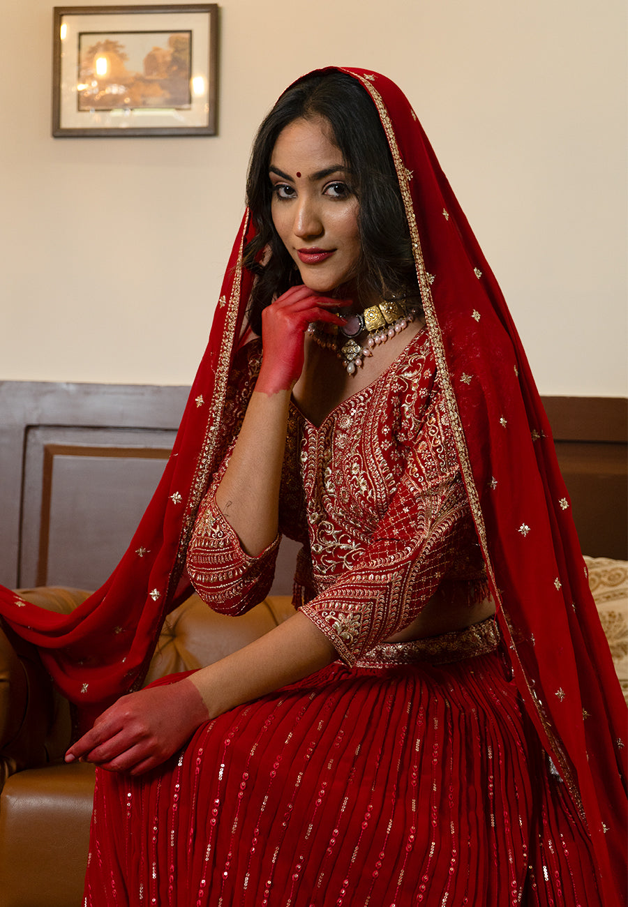 Red zari embroidery lehenga