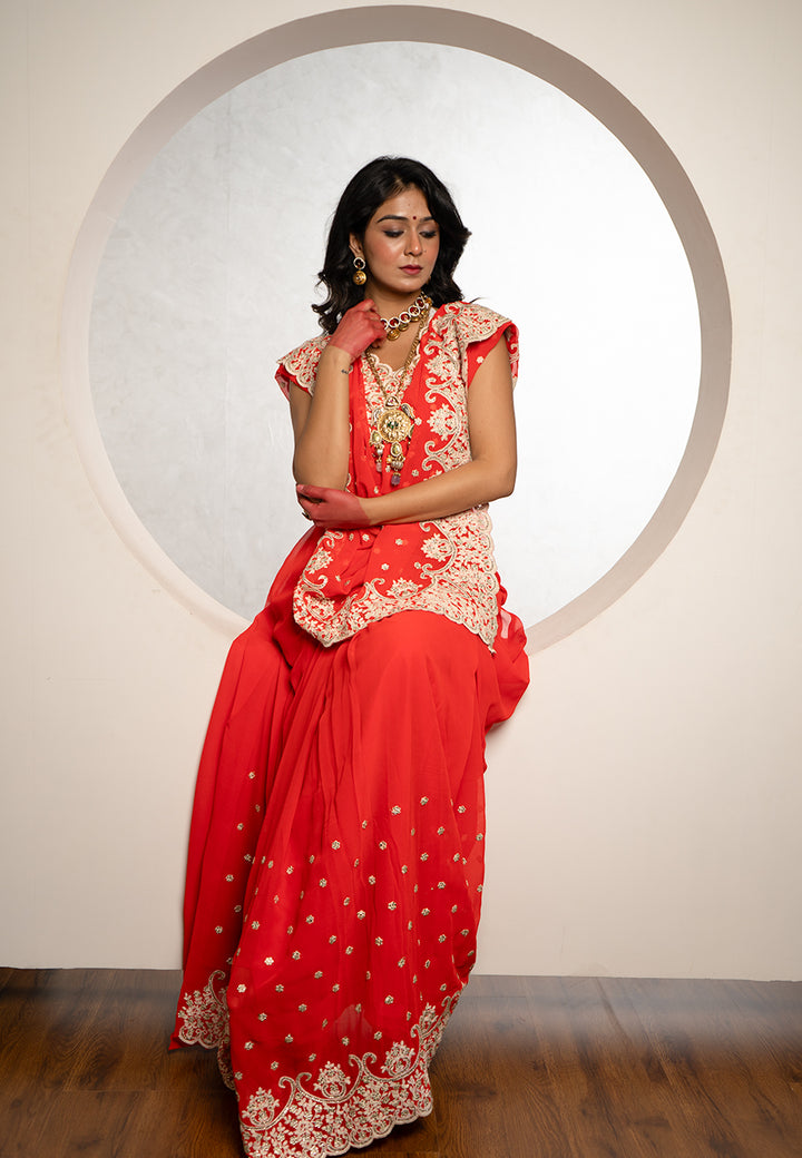 Blood red georgette saree