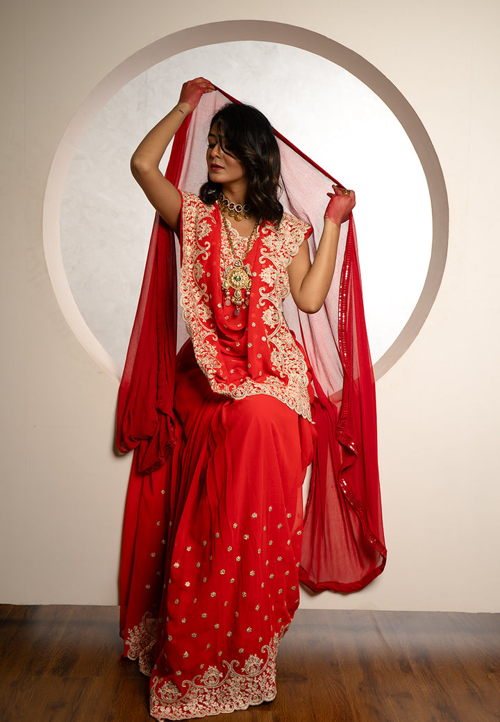 Blood red georgette saree